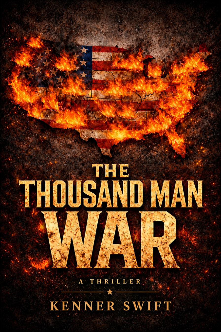 The Thousand Man War, a thriller by Kenner Swift. Cover art showing a burning map of the United States.