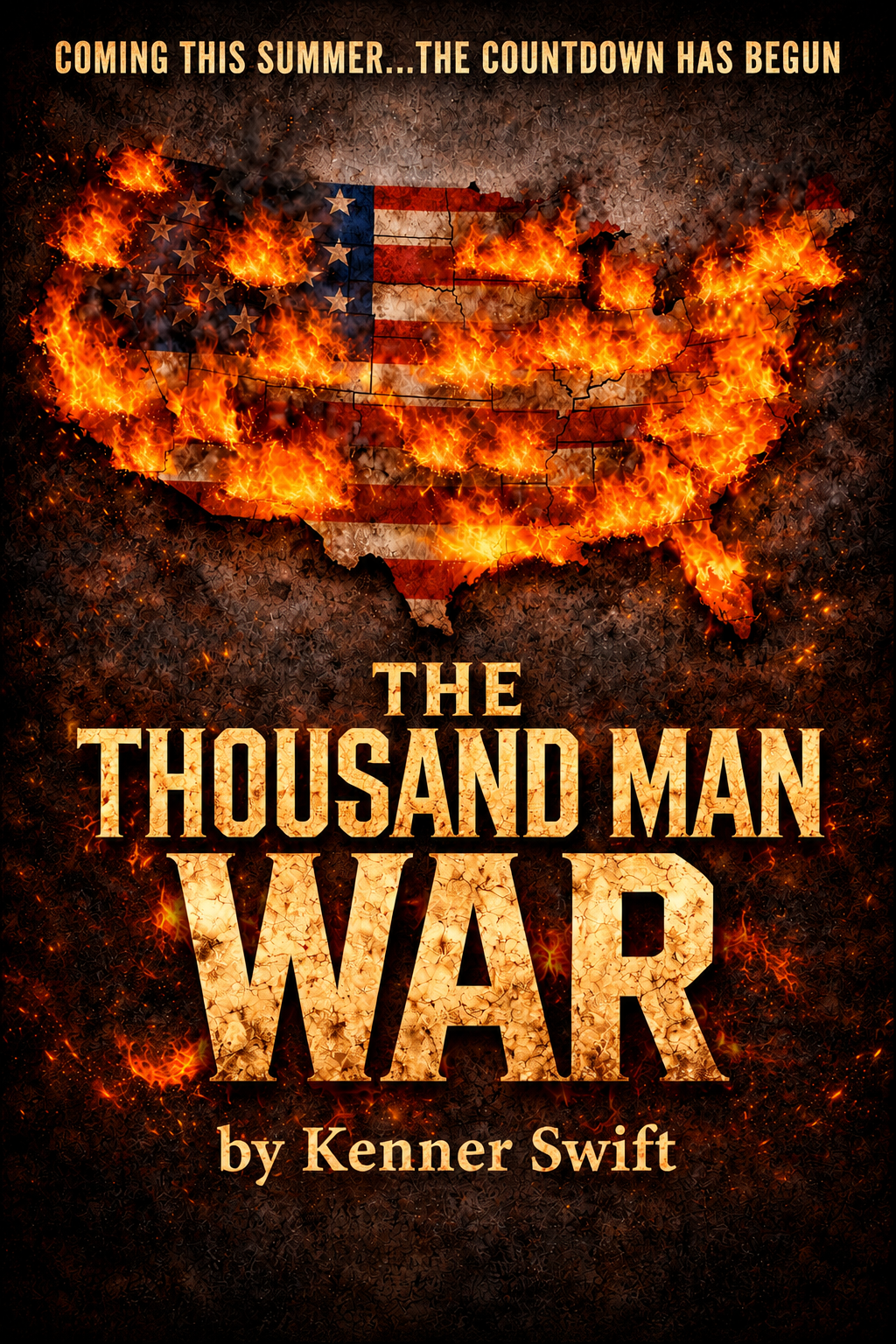 The Thousand Man War by Kenner Swift — coming this summer. Cover art showing a burning map of the United States.